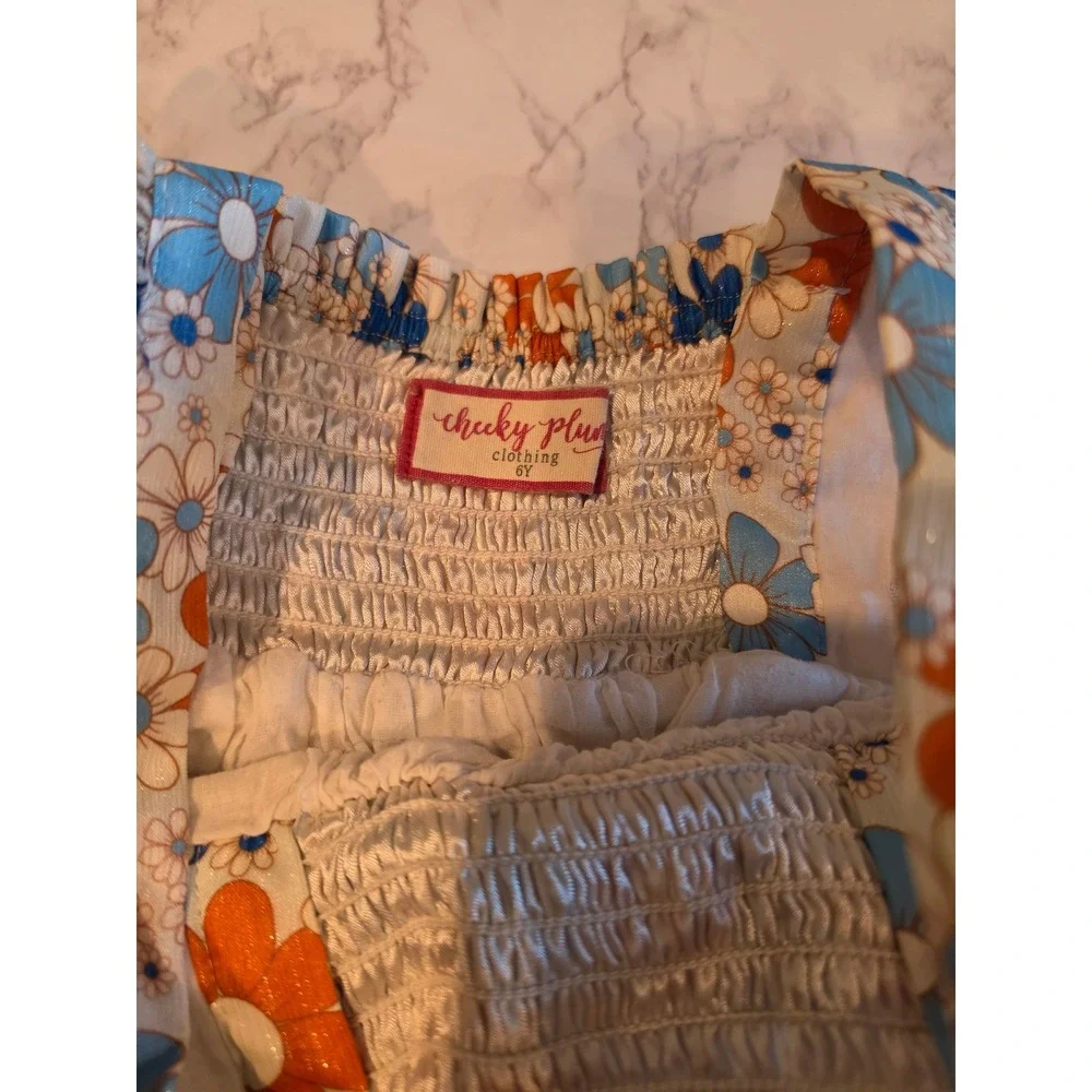 Cheeky Plum Girls Blue Orange Floral Smocked Tiered Flutter Sleeve Dress 6Y